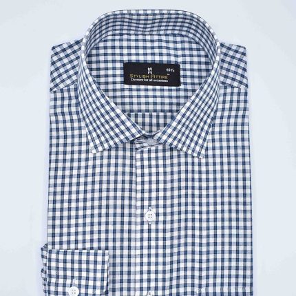 Men’s Formal White Base & Navy Blue small Check cotton Shirt deluxe Series FS 41