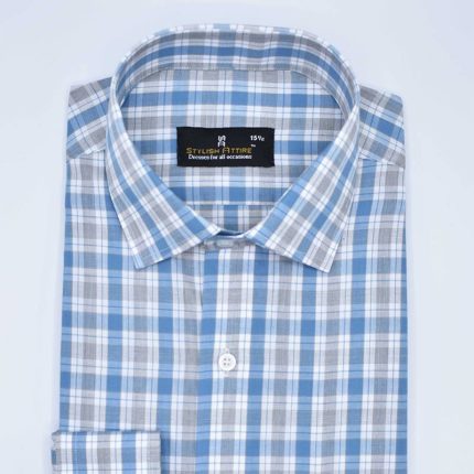 Men’s Formal Light Blue & Grey small Check cotton Shirt deluxe Series FS 40