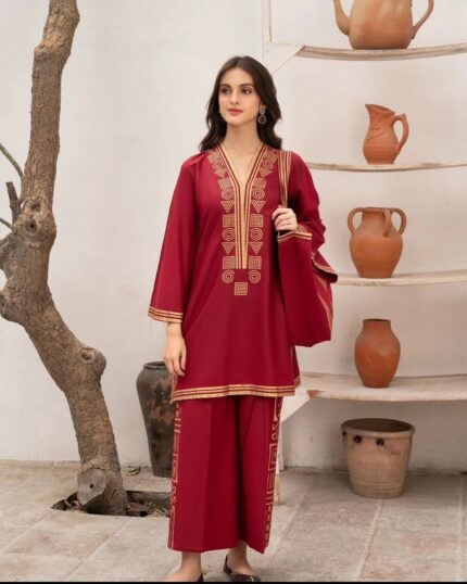 Maroon Printed Coord set with bag